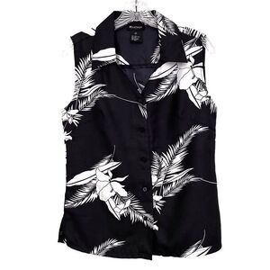 Hartman Studio Tropical Print Silk Blend Sleeveless Button Down Black Size Small